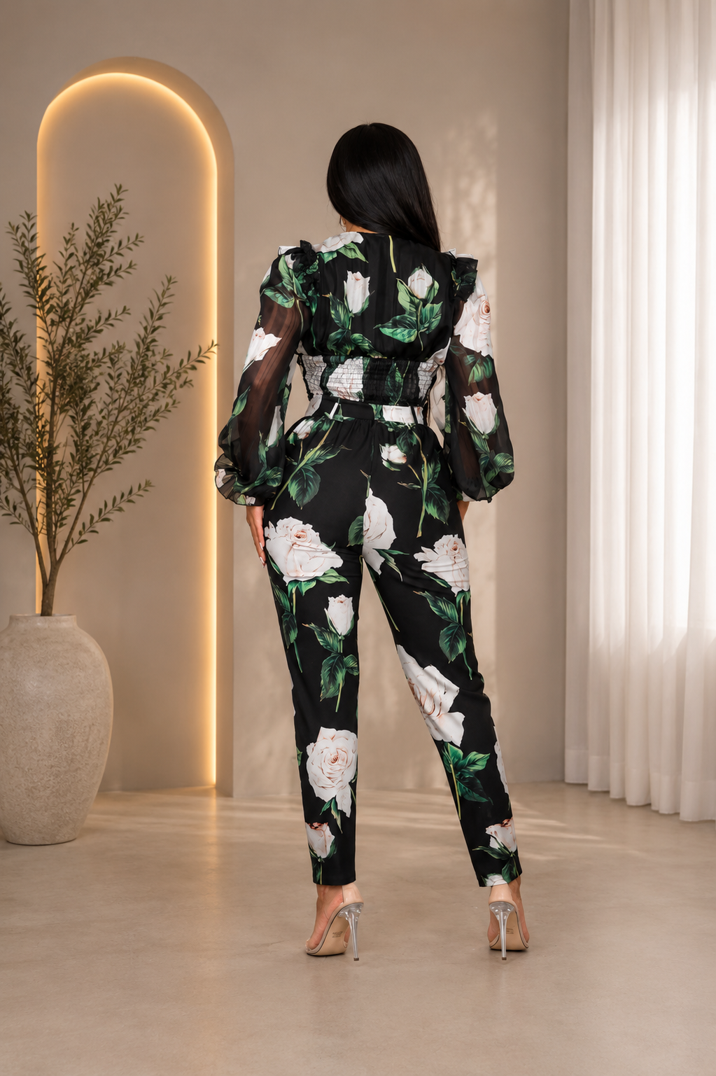 High Waisted Pant Set in Black Floral