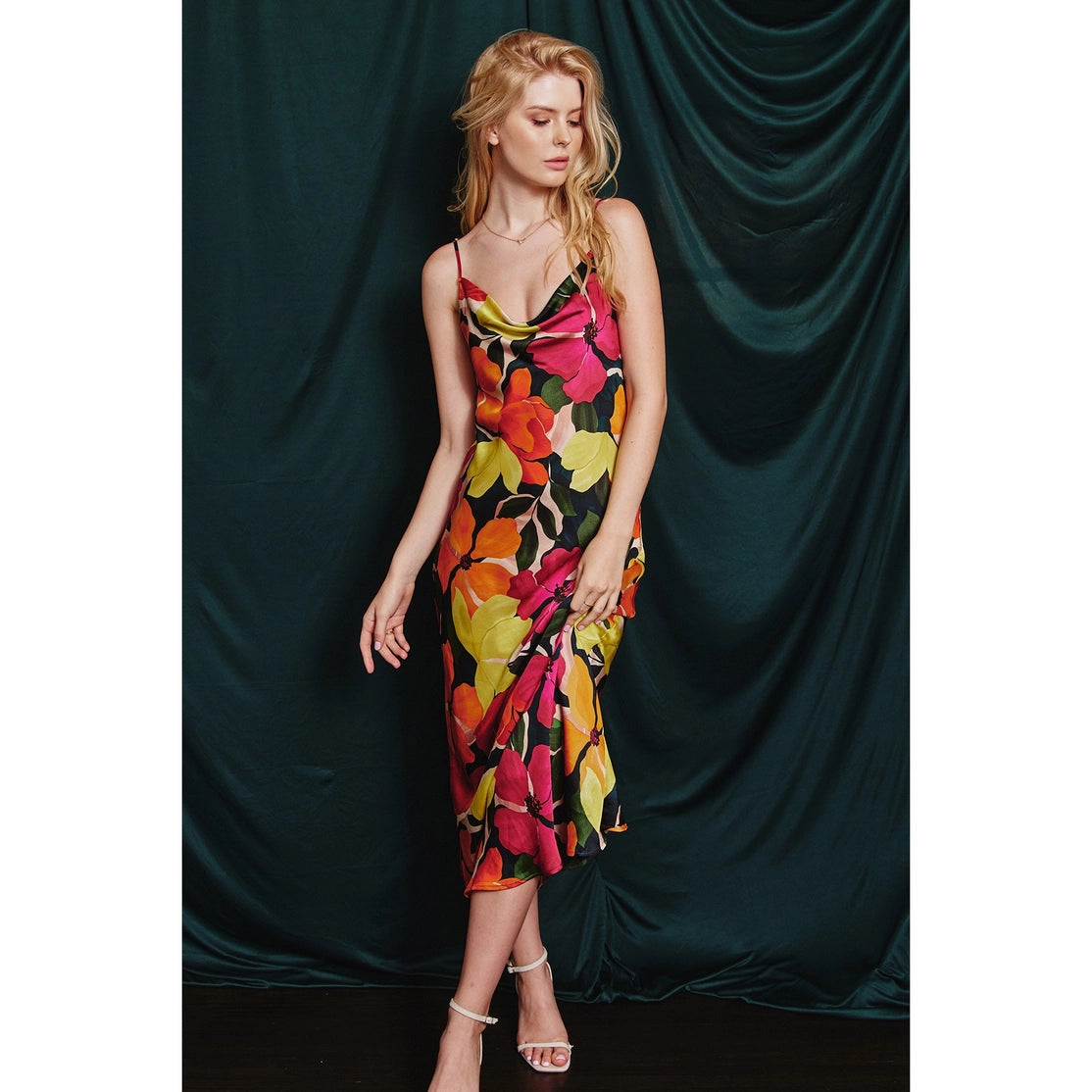 Abigail Satin Slip On Midi Dress Floral