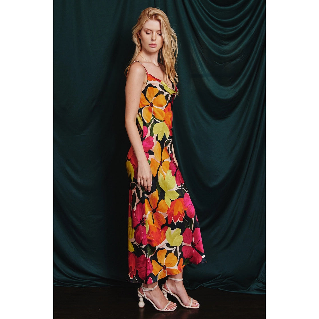 Abigail Satin Slip On Midi Dress Floral