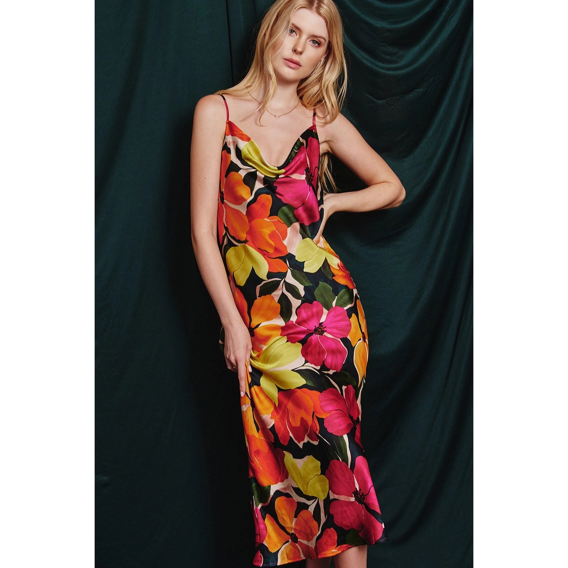 Abigail Satin Slip On Midi Dress Floral
