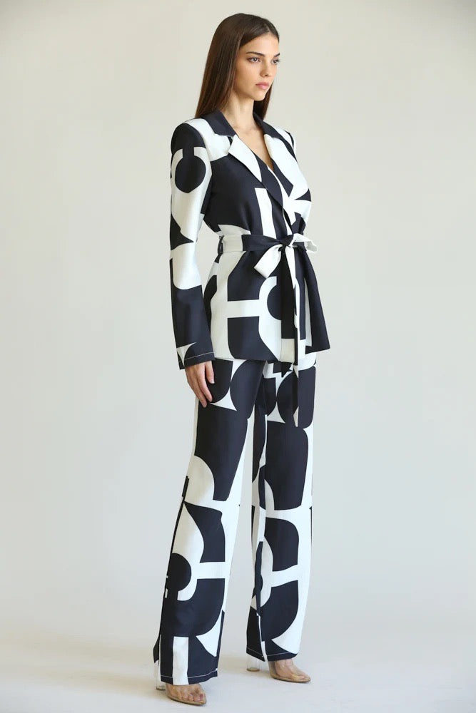 Black and White Blazer and Pants Set