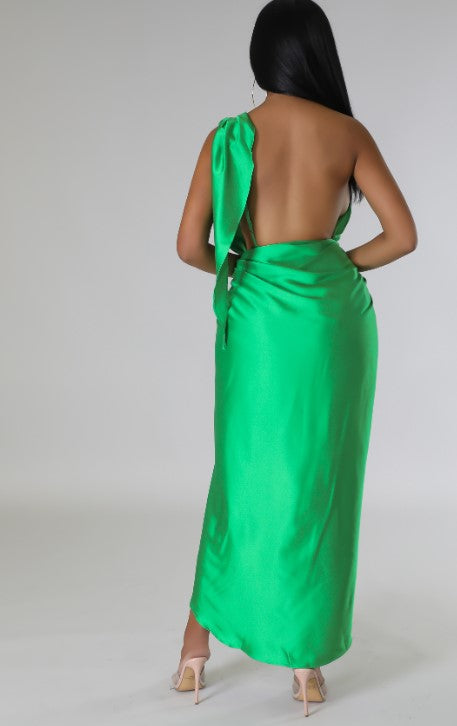 Fearless Open Back Green Satin Midi