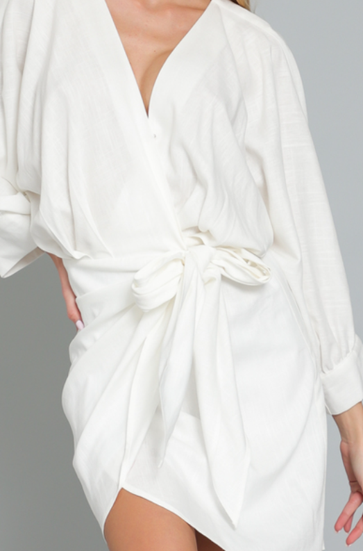 White Waist Tie Mini Dress