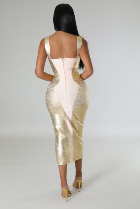Hourglass Bodycon Gold Midi Dress