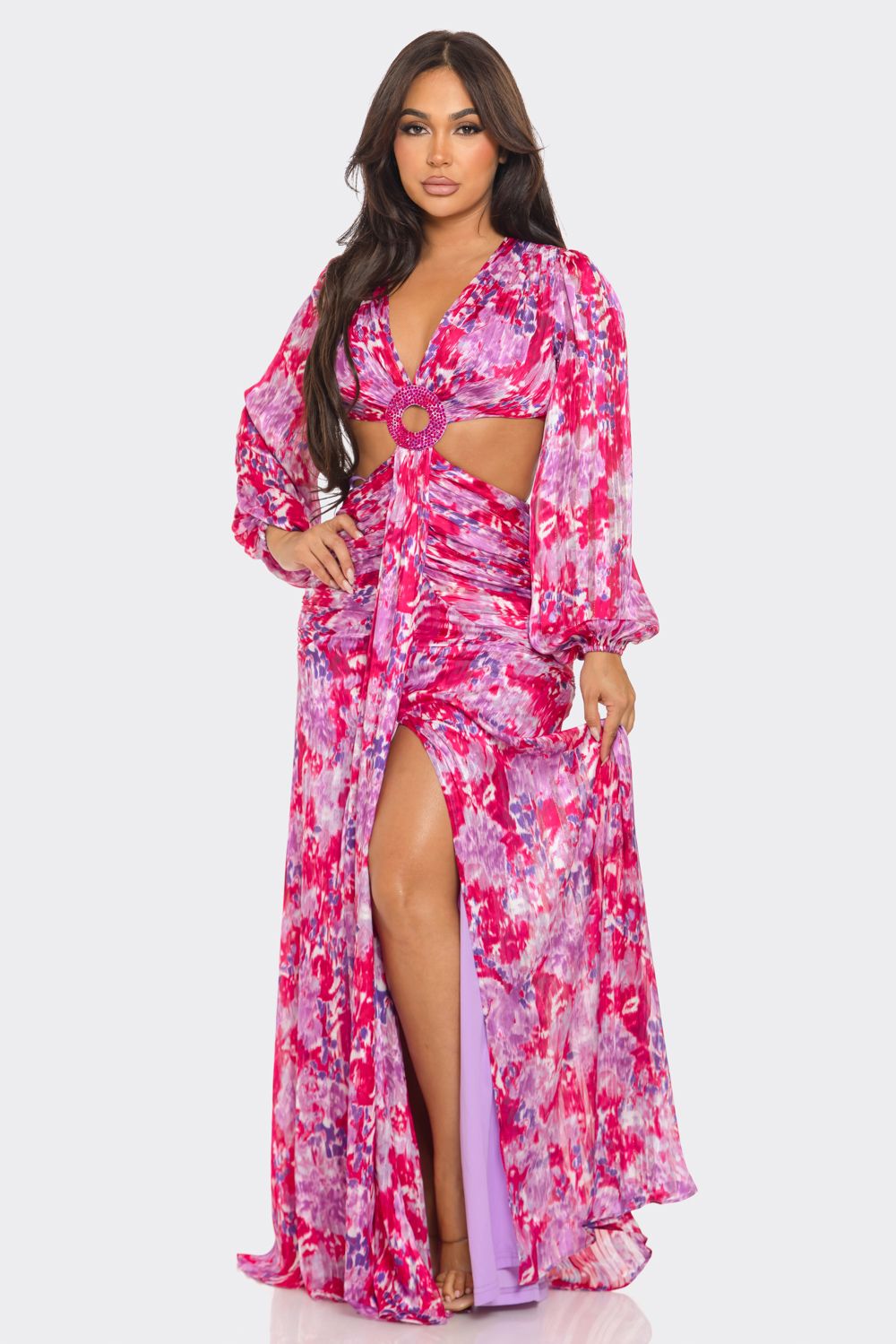 Vida Long Sleeve Resort Dress Red Lavender