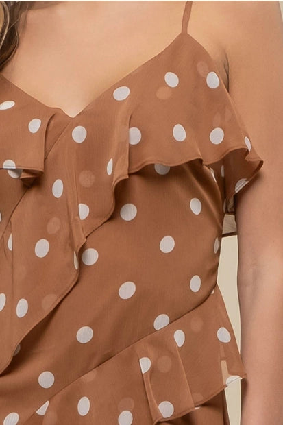 Polka Dot Midi Ruffled Dress Brown