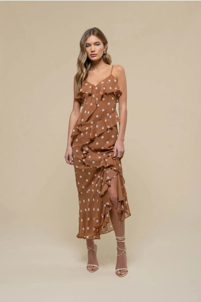 Polka Dot Midi Ruffled Dress Brown