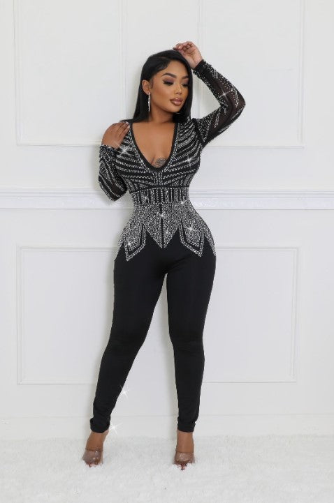 Shining Bright Rhinestone Black Bodysuit
