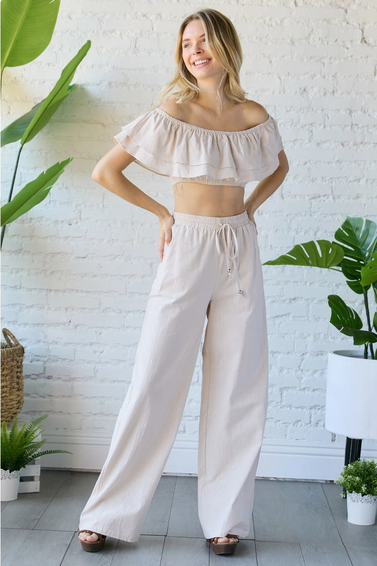 Off Shoulder Top & Linen Pants Set Taupe