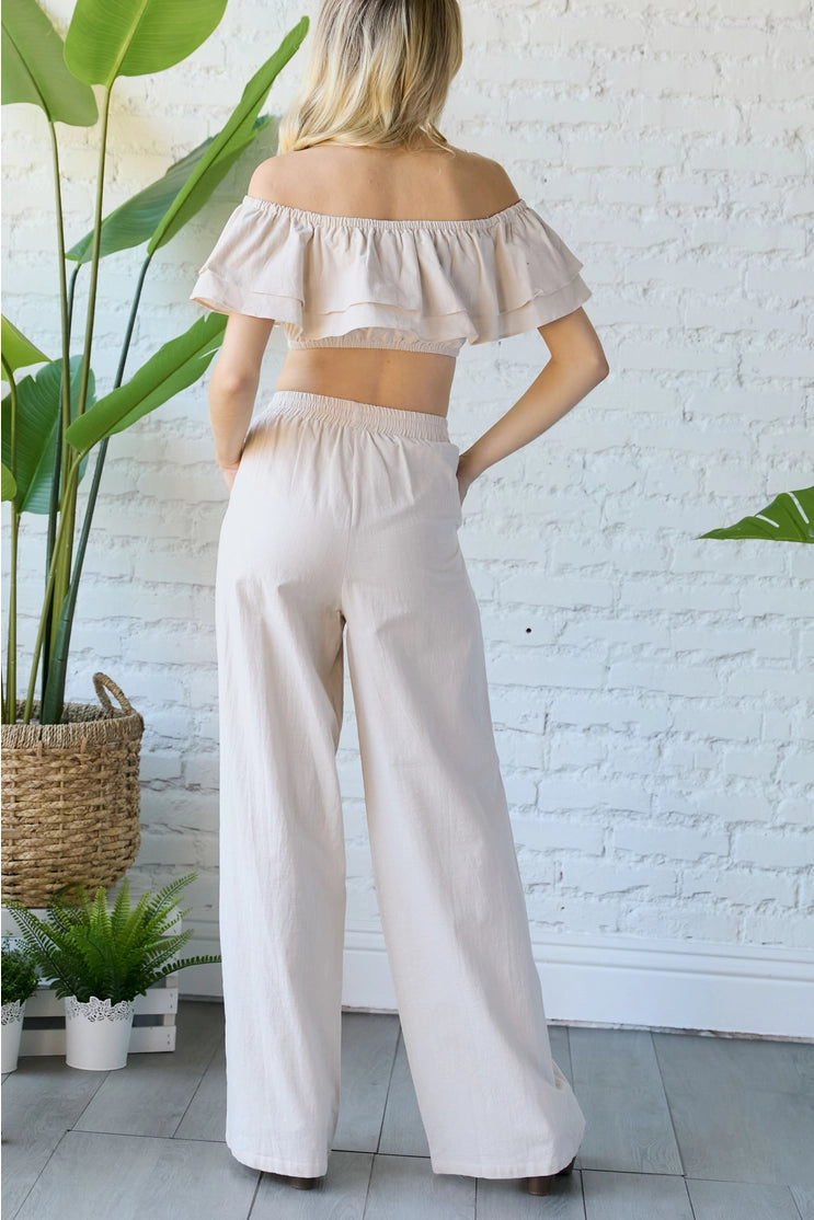 Off Shoulder Top & Linen Pants Set Taupe