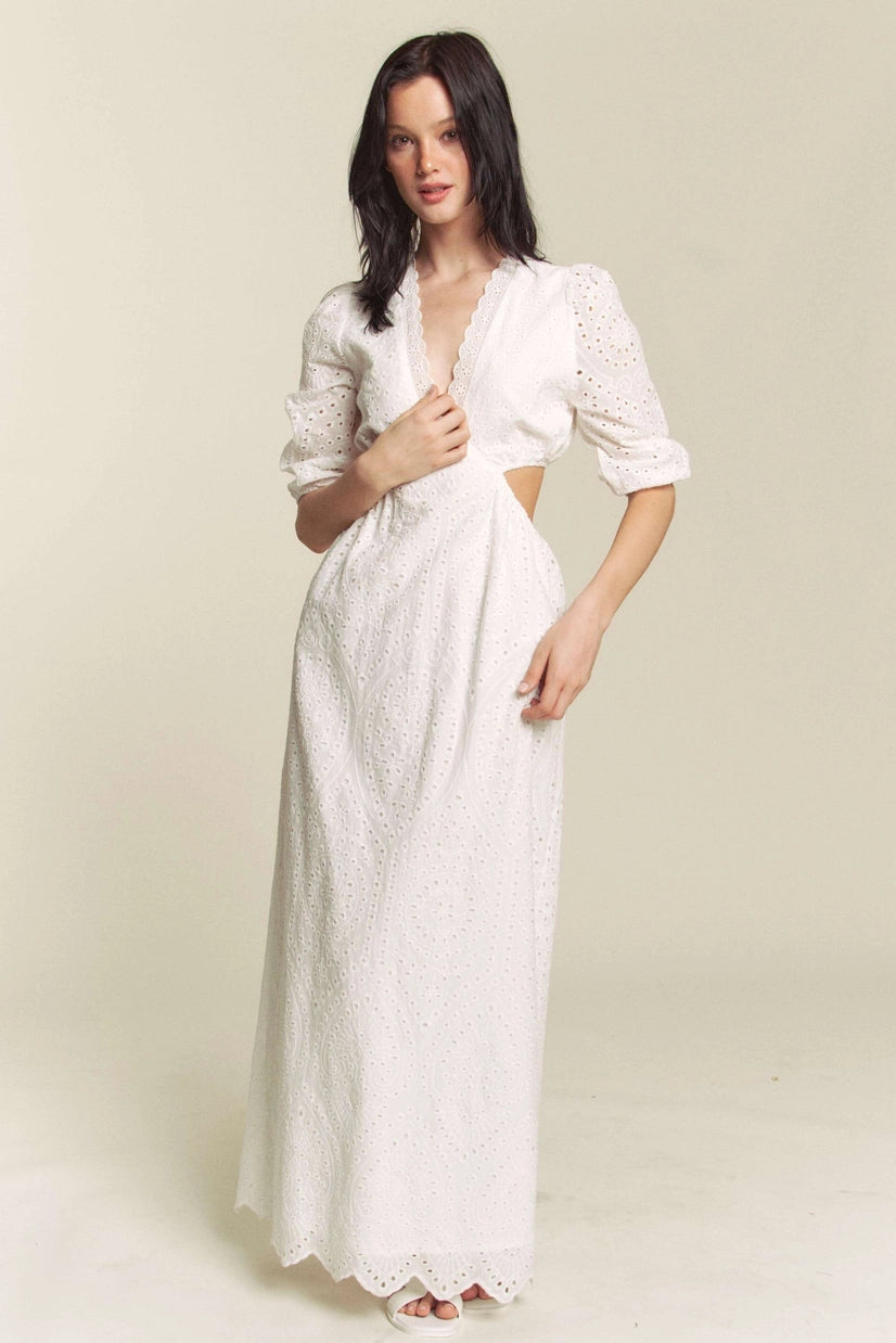 Embroidered White Cut Out Maxi Dress