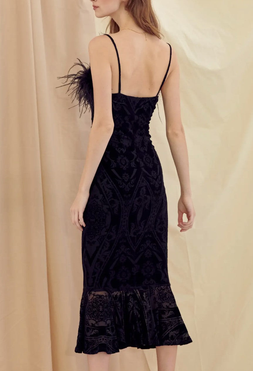 Feather Trim Velvet Midi Dress