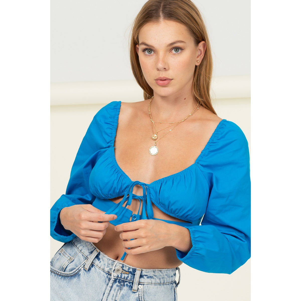Long Sleeve Cut-Out Blouse Blue