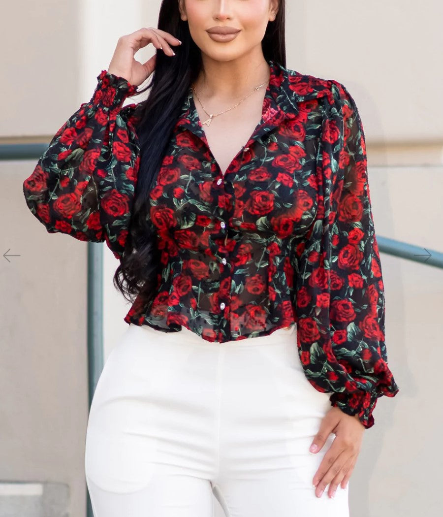 Long Sleeve Blouse in Red Floral