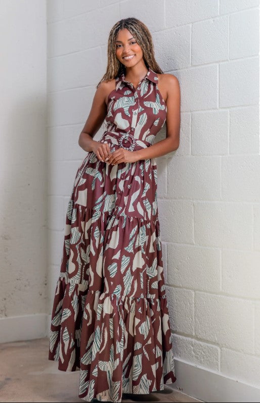 Burgundy Belted Flare Maxi Dress