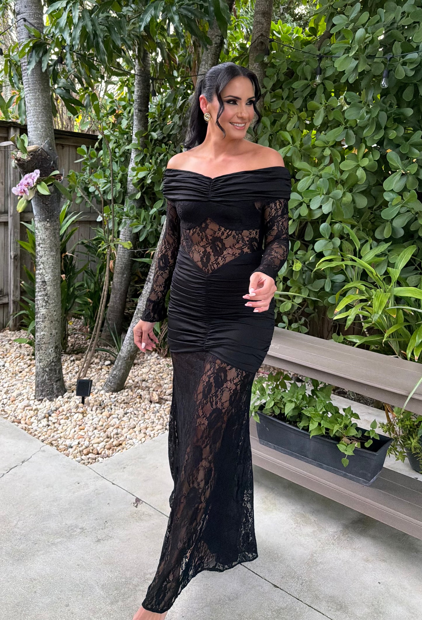 Black Lace Off-Shoulder Maxi Dress