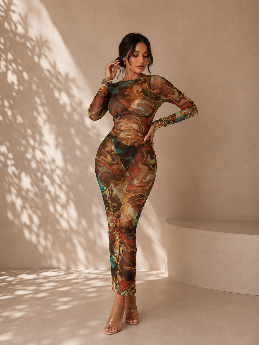 The Mesh Long Sleeve Maxi Dress