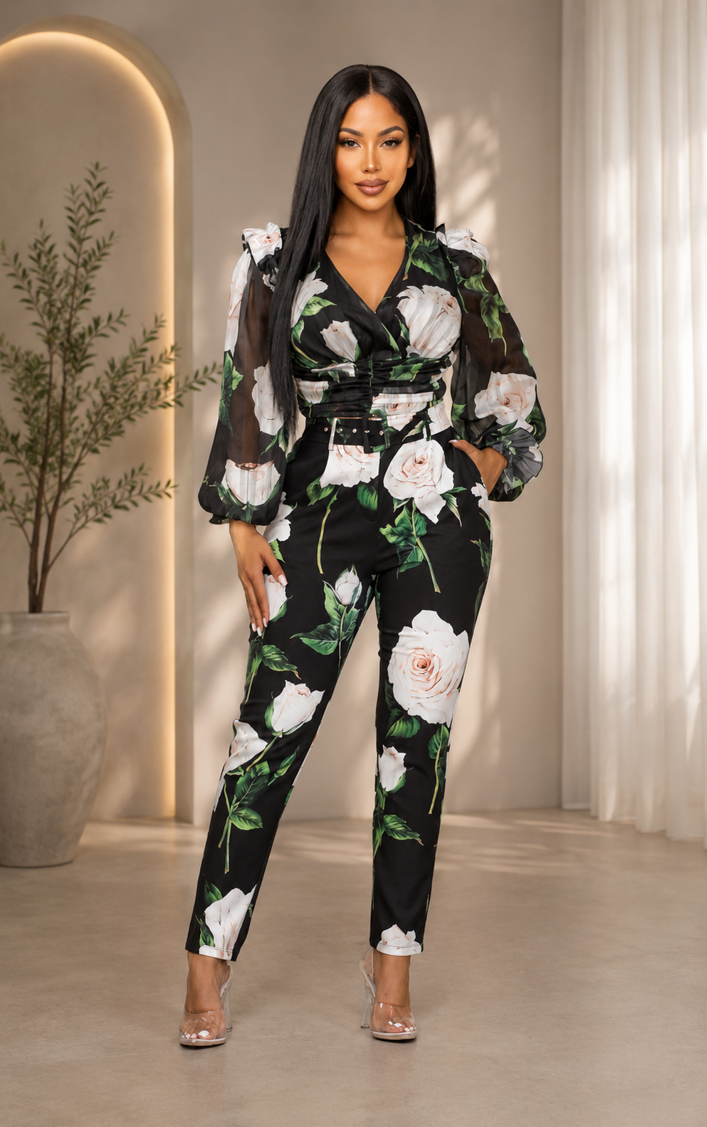 High Waisted Pant Set in Black Floral