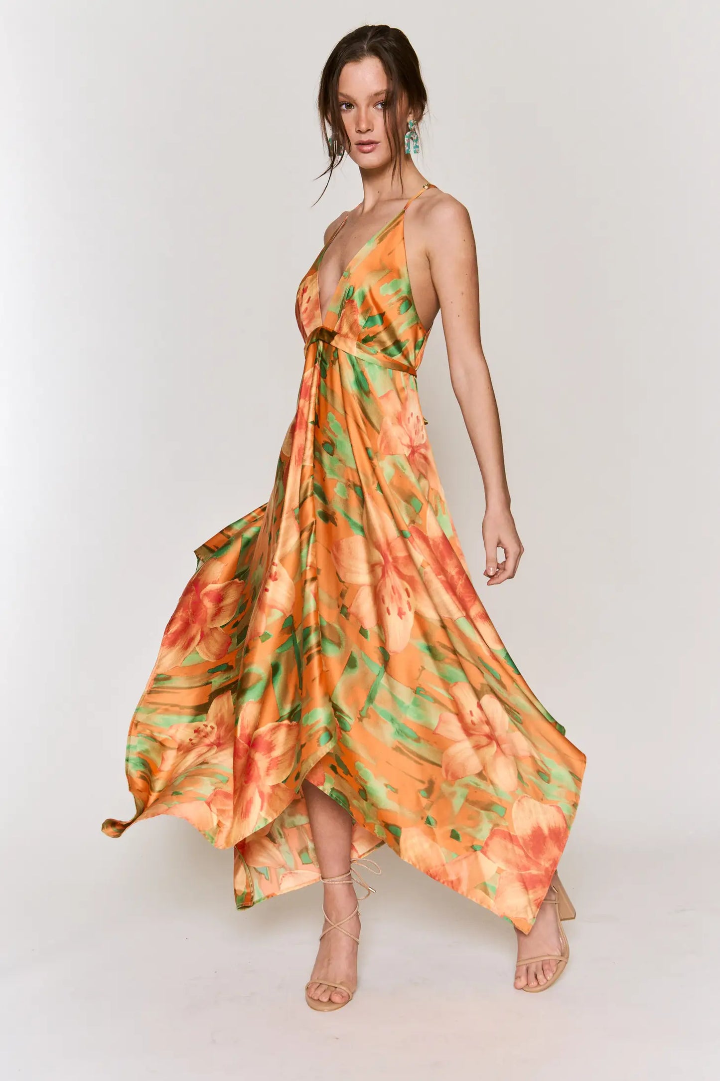 high low dress orange Lovable Spirit Orange Floral Burnout Ruffled High-Low Maxi Dress