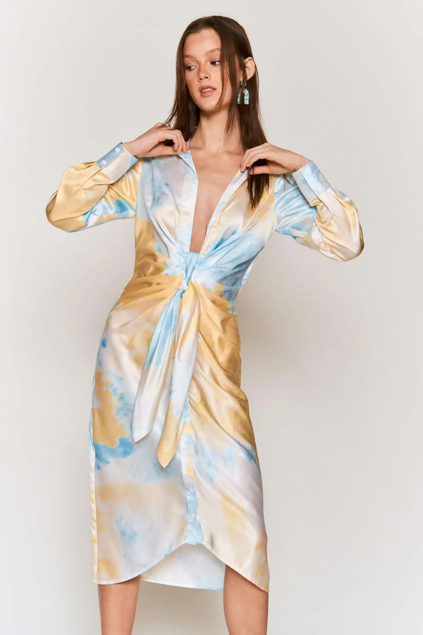 Tie Dye Waist Tie Midi Satin Dress