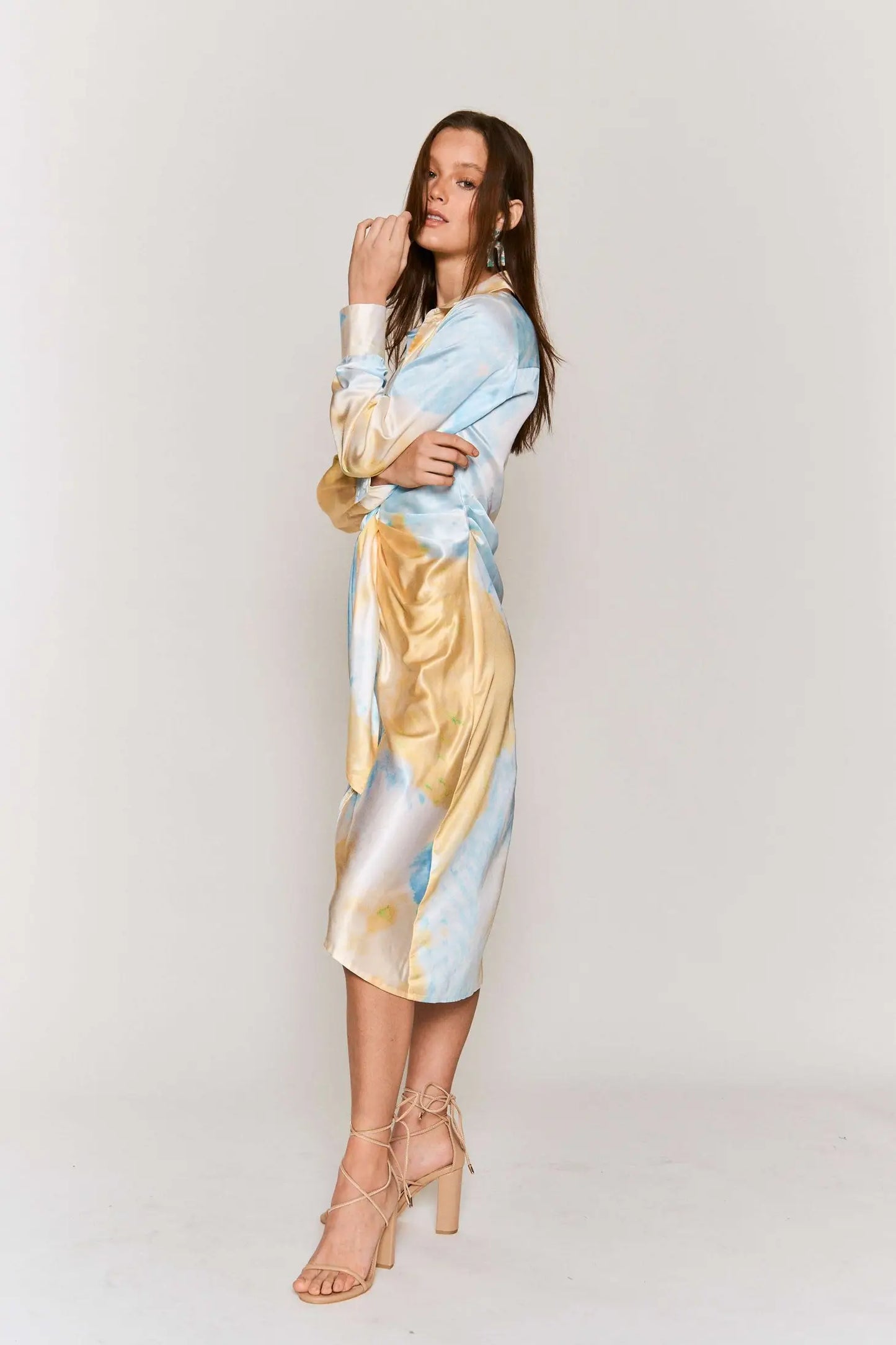 Tie Dye Waist Tie Midi Satin Dress