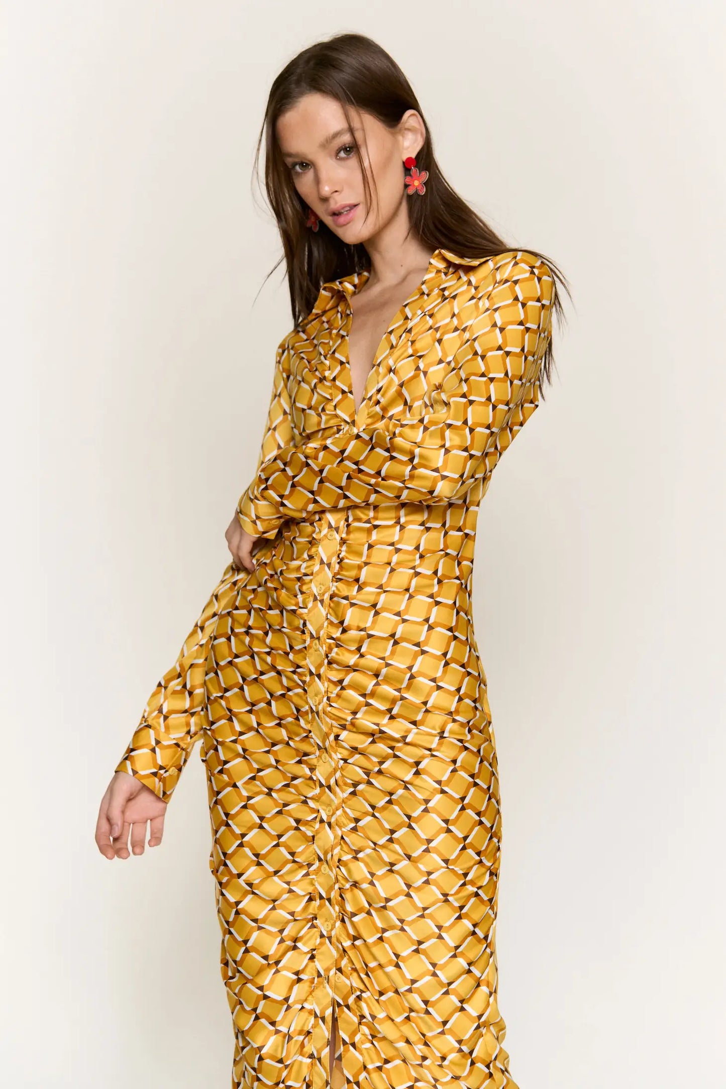 Sunshine Button Down Midi Satin Dress