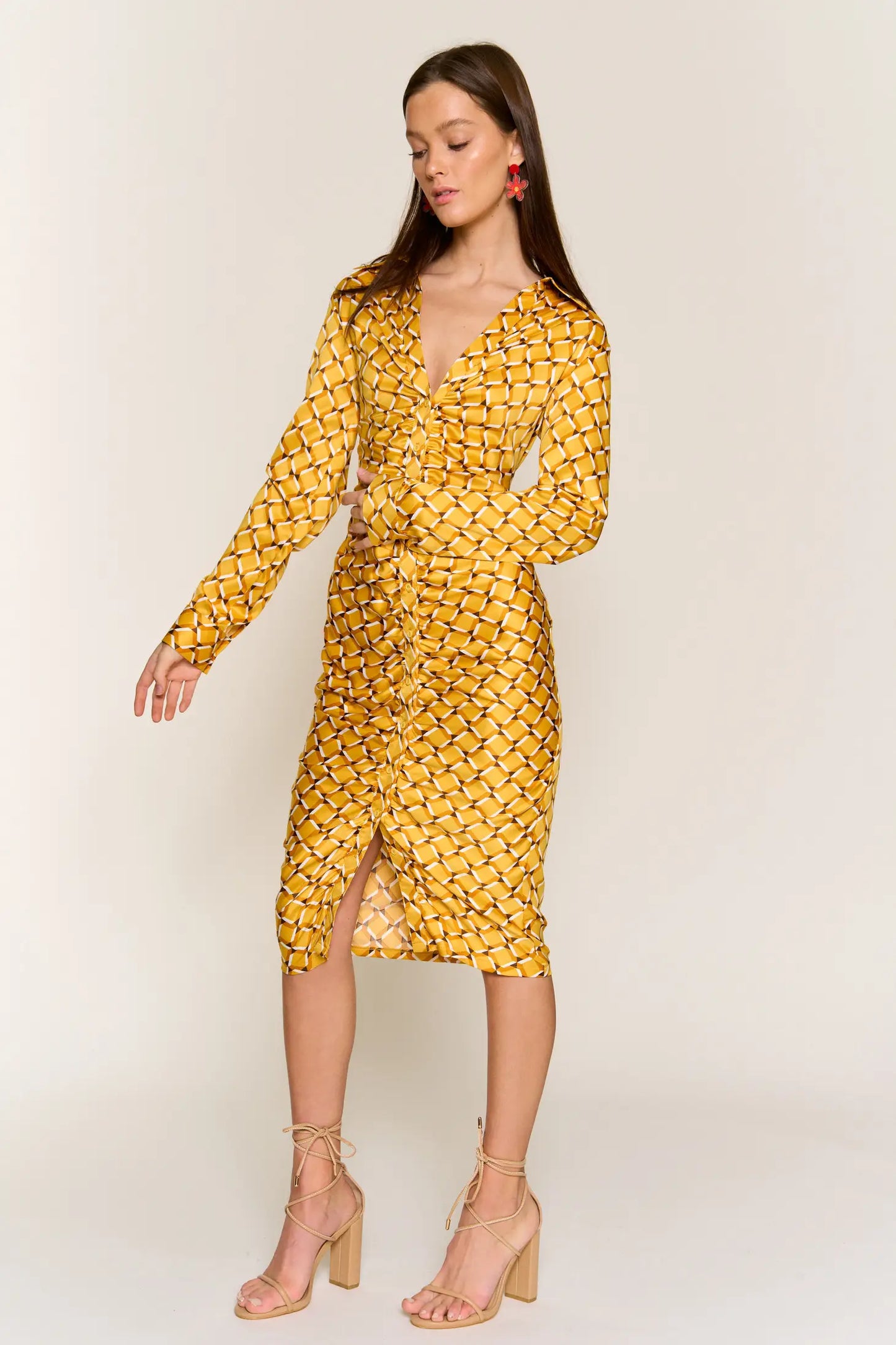 Sunshine Button Down Midi Satin Dress