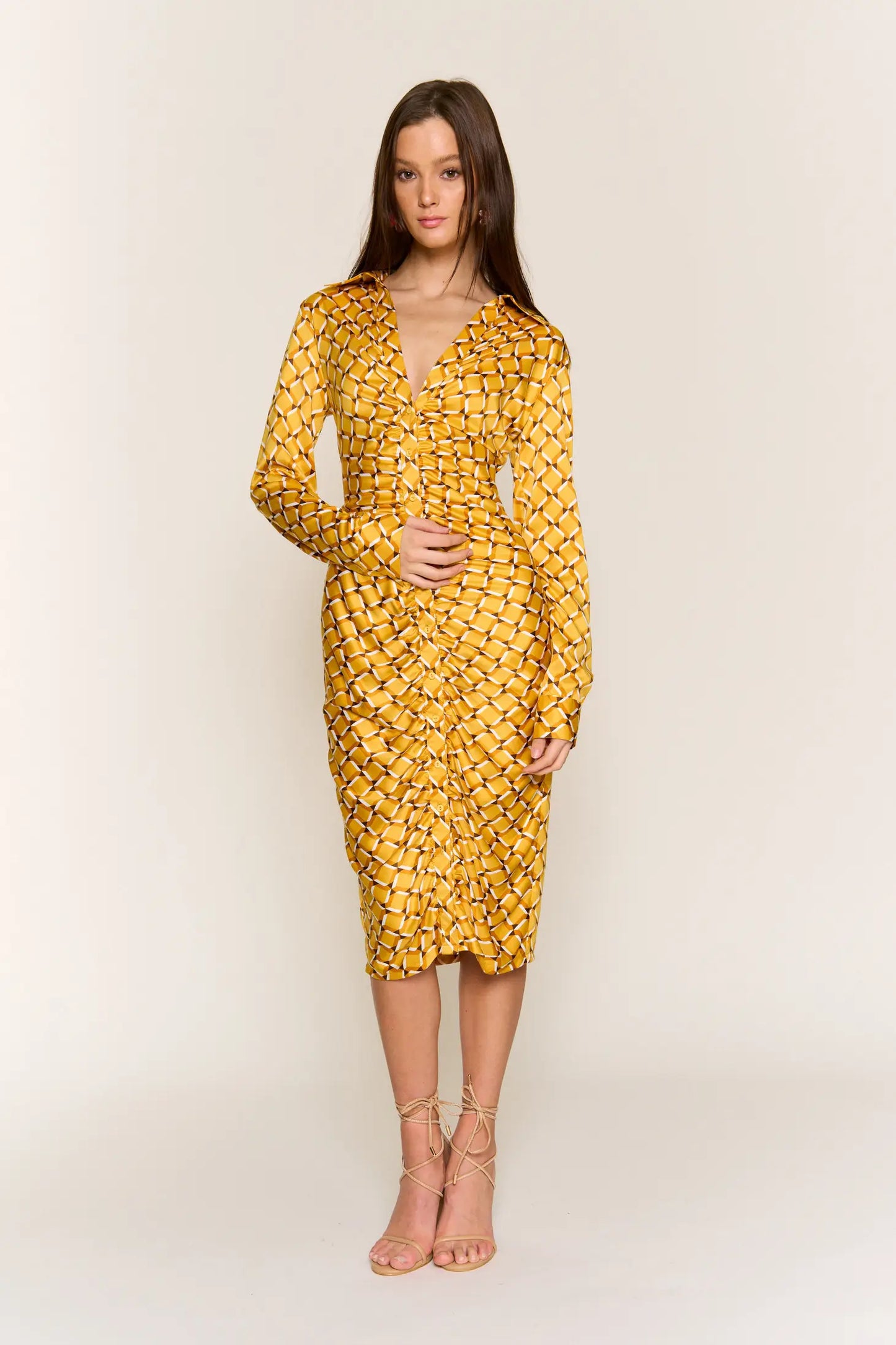 Sunshine Button Down Midi Satin Dress