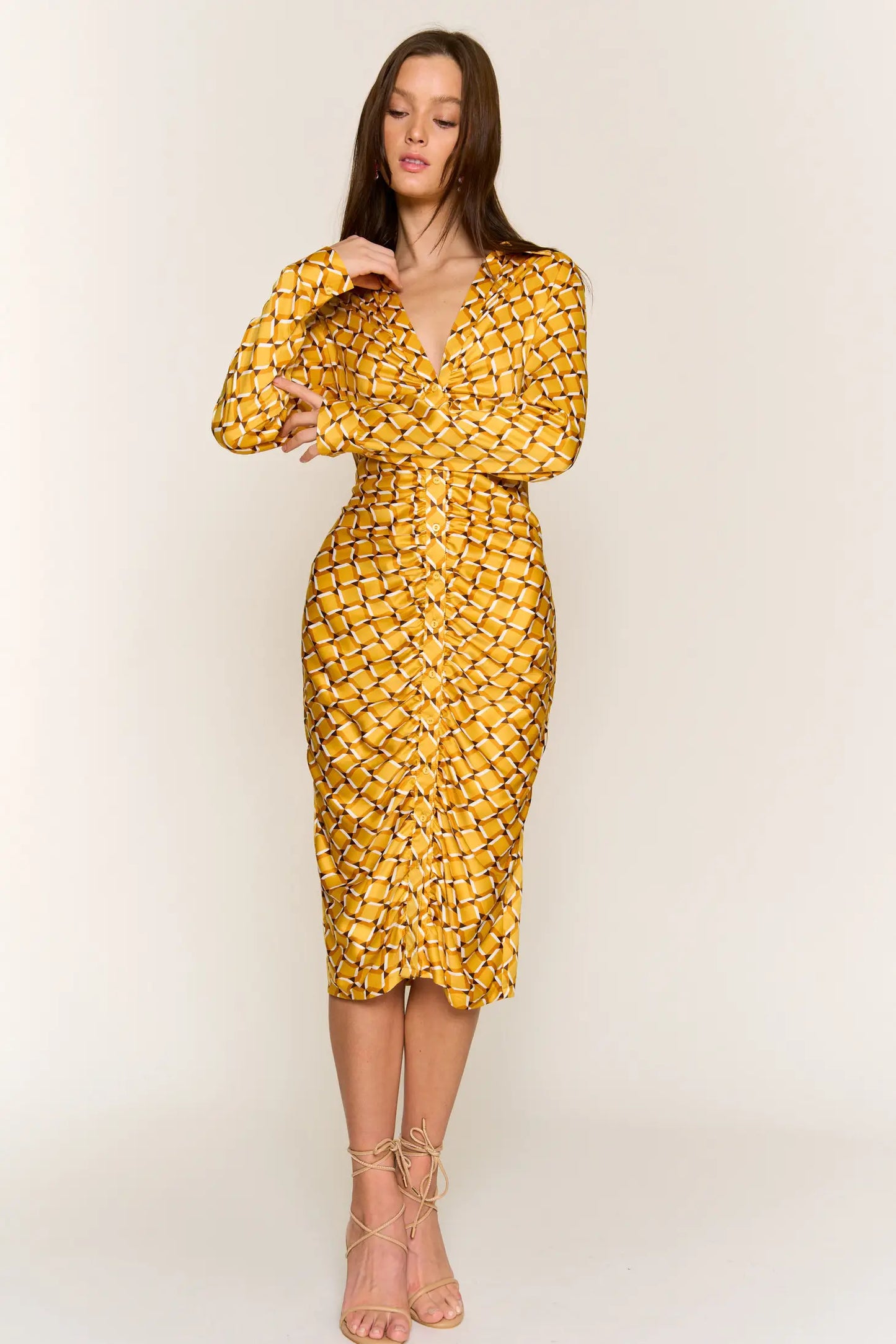 Sunshine Button Down Midi Satin Dress