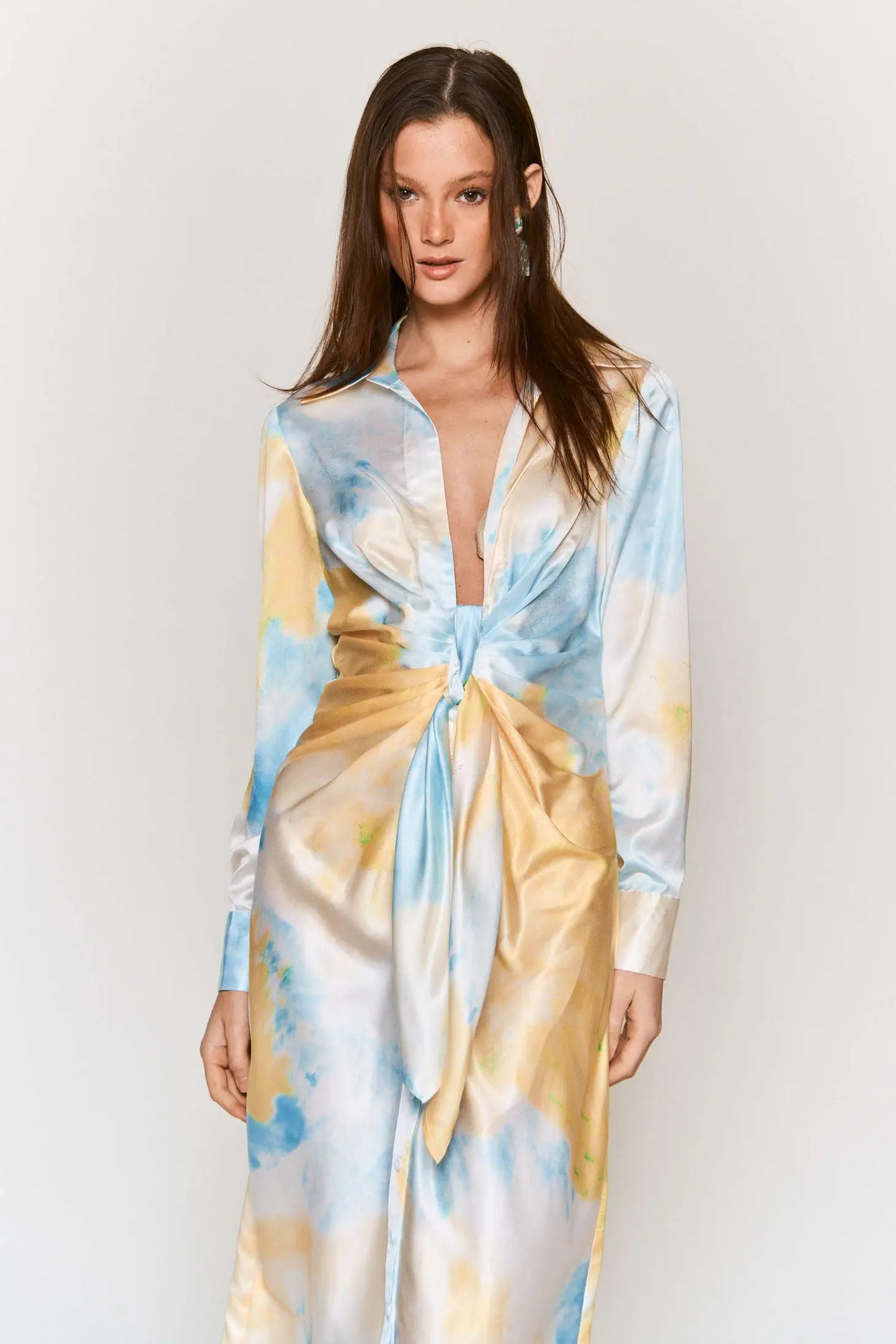 Tie Dye Waist Tie Midi Satin Dress