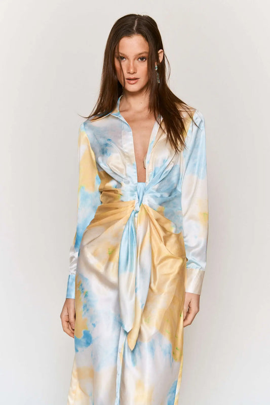 Tie Dye Waist Tie Midi Satin Dress