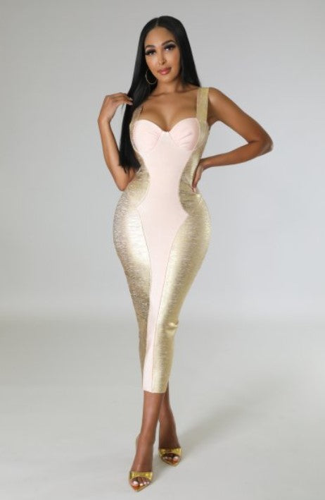 Hourglass Bodycon Gold Midi Dress