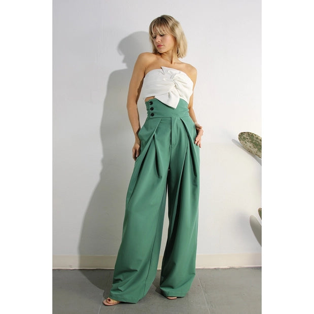 High Waist Fold Pants Green