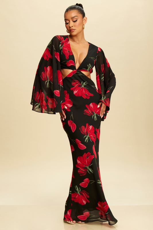 Amore Flutter Sleeves Red Florals Maxi Dress