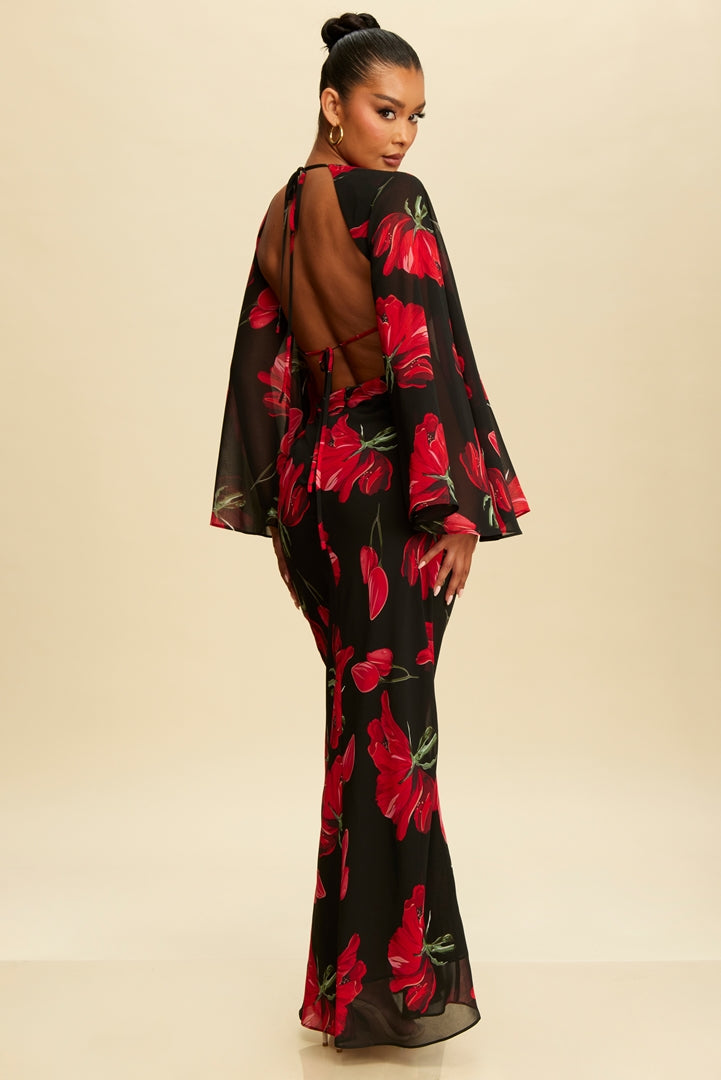 Amore Flutter Sleeves Red Florals Maxi Dress