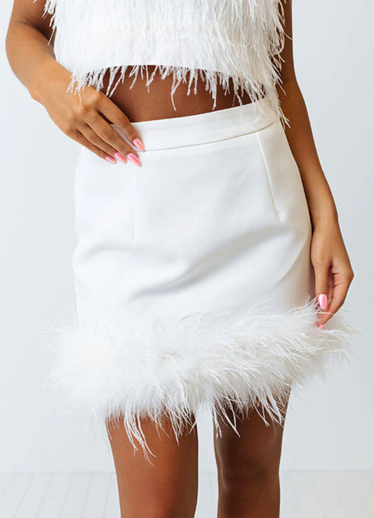 Feather Trim Mini Skirt Set