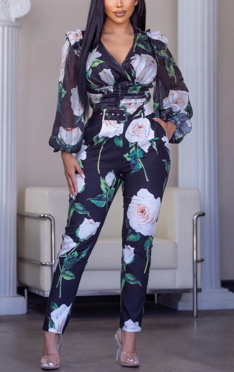 Floral High Waisted Pant Set in Black Floral