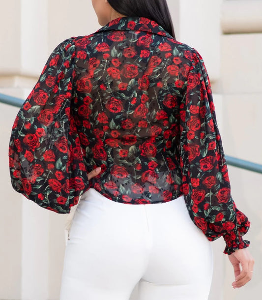 Long Sleeve Blouse in Red Floral